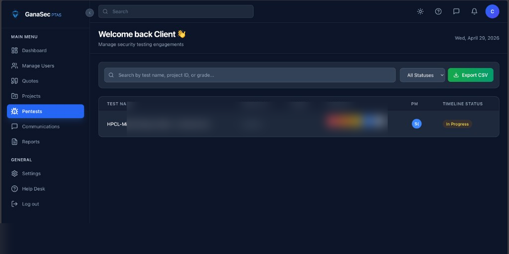 GanaSec PTaaS platform dashboard